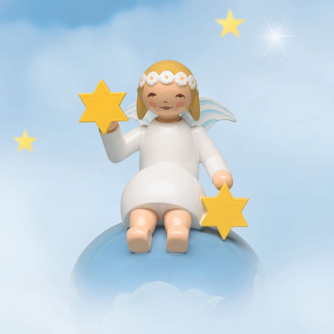 Engel mit Margeritenkranz auf Wolken